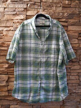 Original Weatherproof Vintage Men’s Short Sleeve sage Linen Plaid Shirt Size XL
